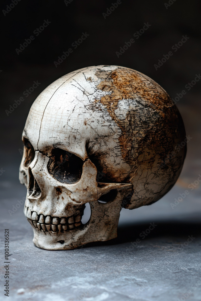 Naklejka premium Human skull with a world map. Vertical banner. World Anthropology Day. Darwin Day. Science Day. World Archaeologist's Day
