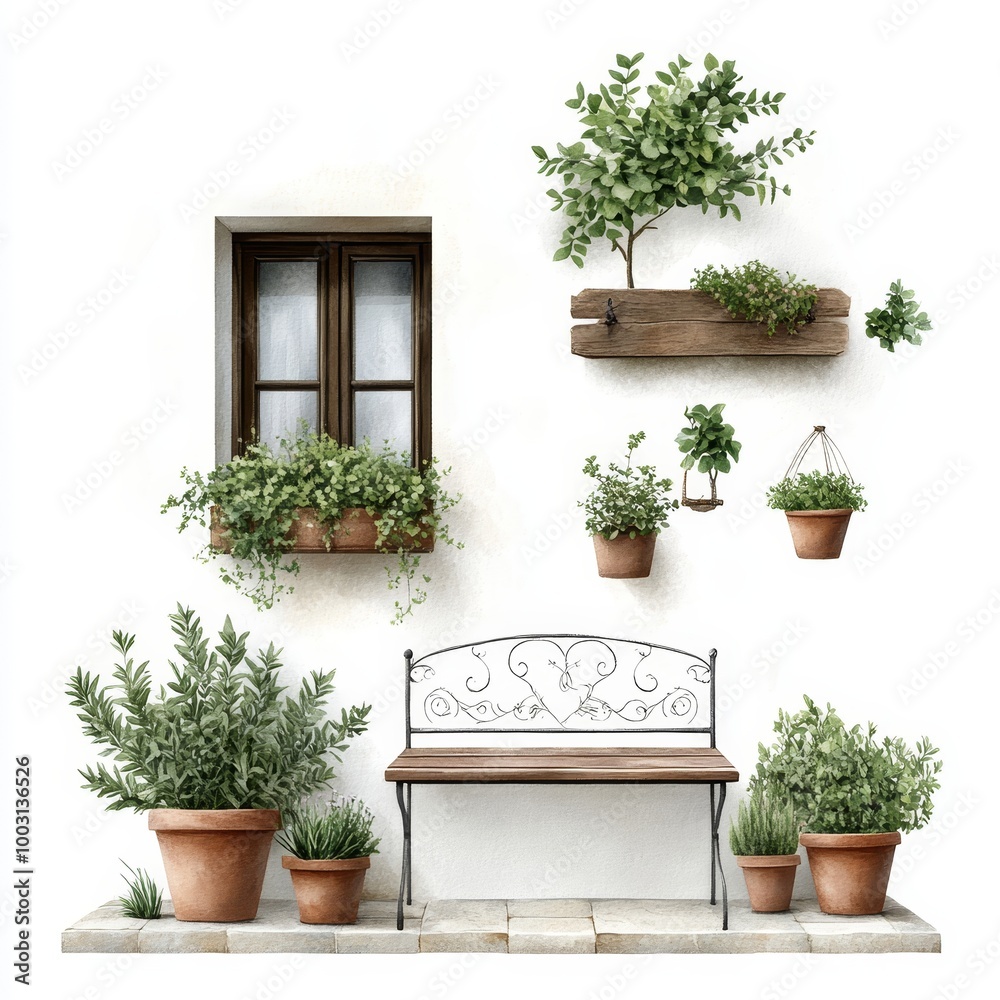 Charming Garden Bench Against a White Wall Charming Garden Bench Against a White Wall