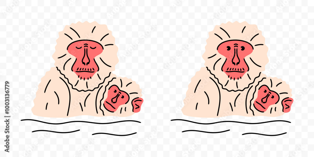 Fototapeta premium Japanese macaque with babies soak in hot spring, graphic design. Snow monkey bathing and soaking, primate and animal, vector design and illustration