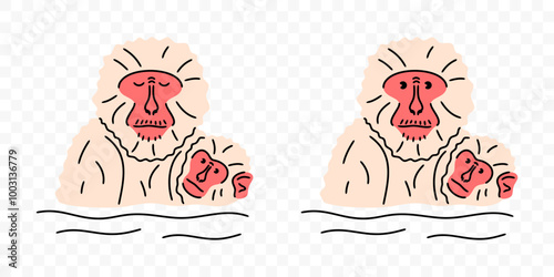 Japanese macaque with babies soak in hot spring, graphic design. Snow monkey bathing and soaking, primate and animal, vector design and illustration