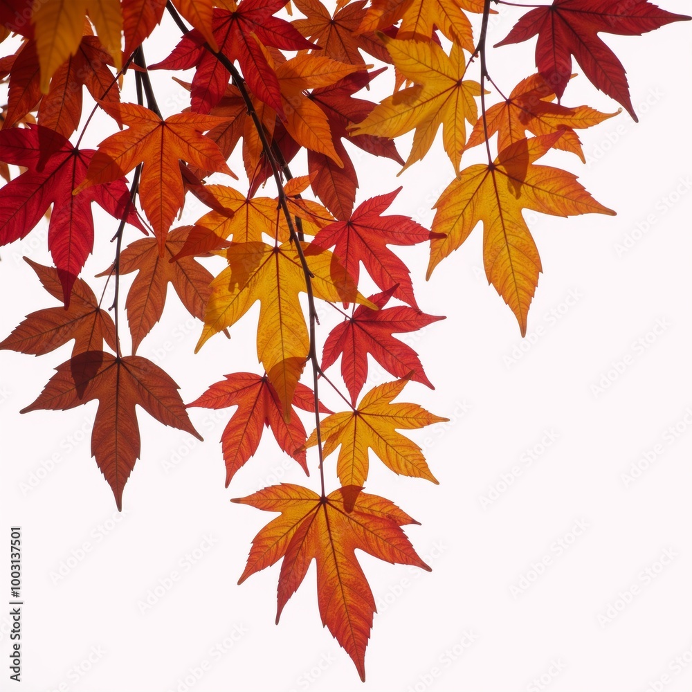Autumn leaves depicted against a white backdrop with vibrant colors Autumn leaves depicted against a white backdrop with vibrant colors