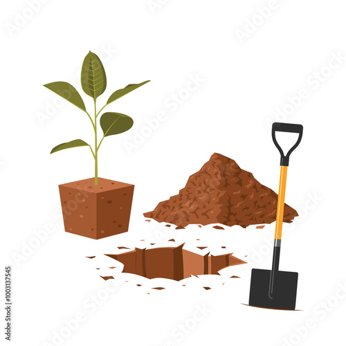 Planting concept. Ground pit with a shovel and a soil heap near it. Vector illustration isolated on a white background. Clipart for agricultural, environmental, gardening designs.