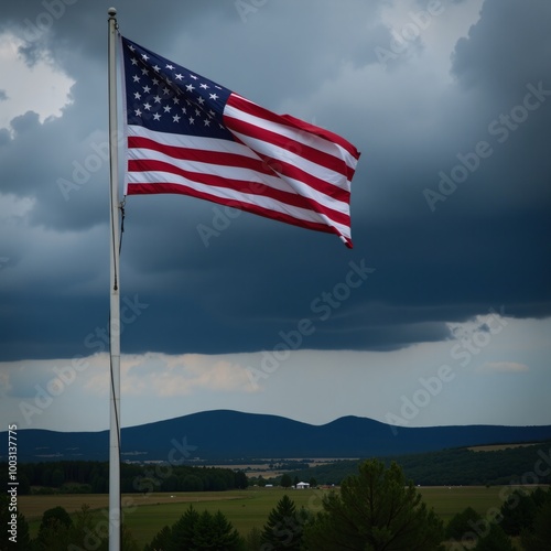 American flag wavers amid approaching thunderclouds and impending storm