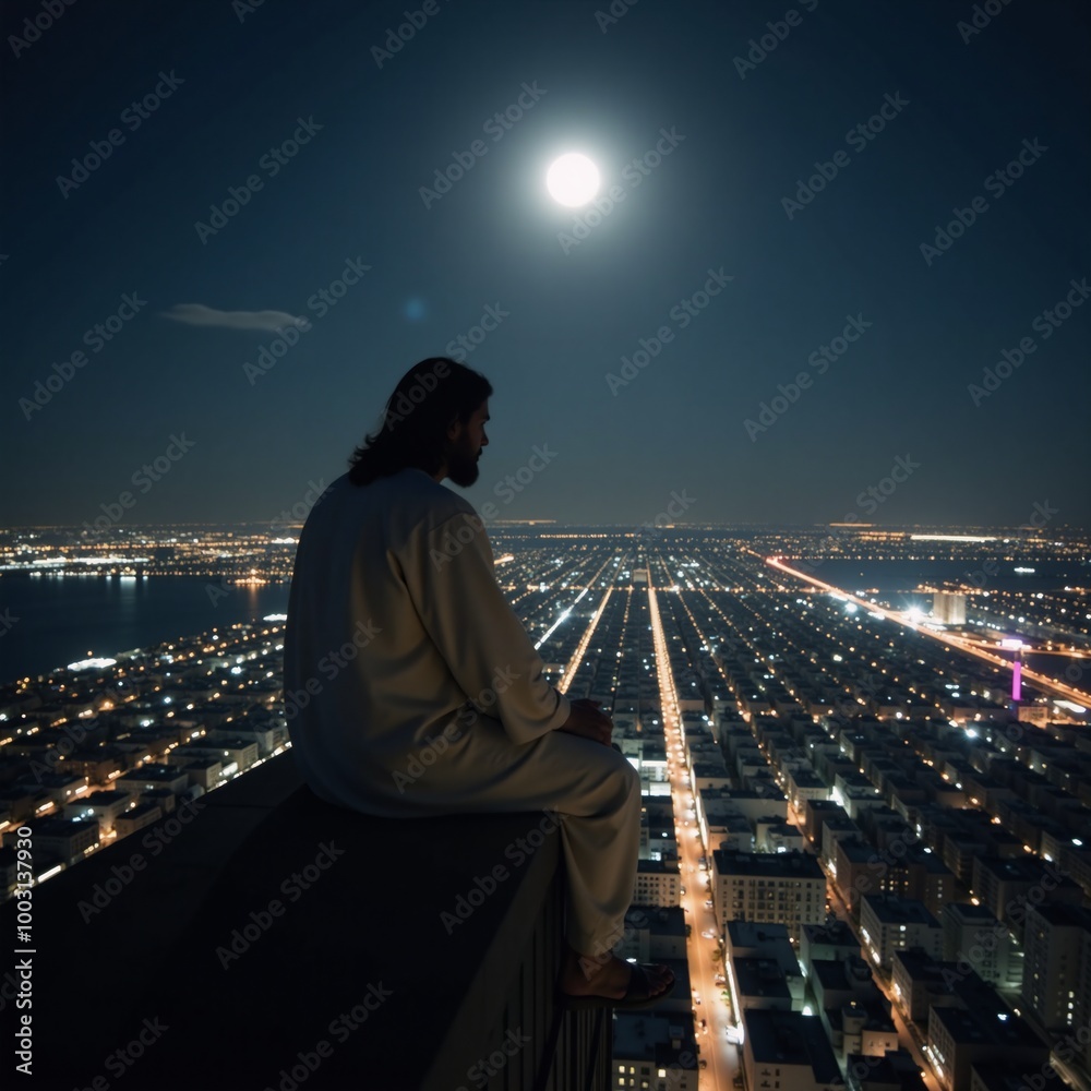 Fototapeta premium Breathtaking view Jesus on top of a lit-up cityscape gazing from a full moonlit skyscraper