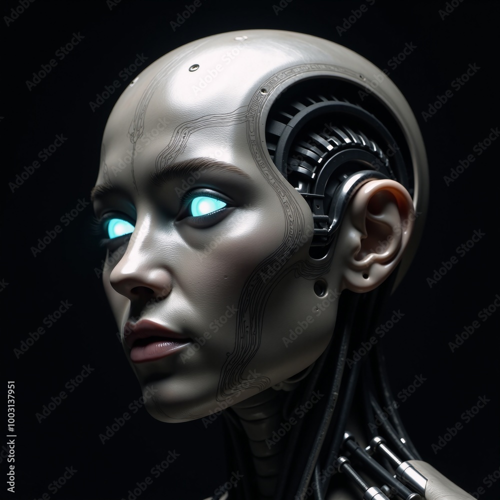 Digital illustration showcases a robot head with glowing blue eyes and intricate circuitry on its surface contrasting against a dark backdrop Digital illustration showcases a robot head with glowing blue eyes and intricate circuitry on its surface contrasting against a dark backdrop