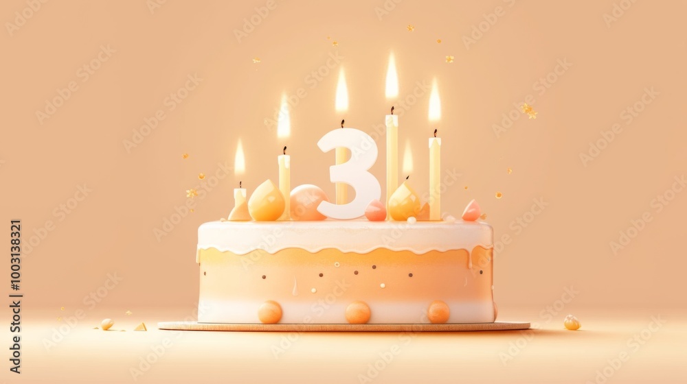 number 3 candle on a third year birthday cake celebration with balloons and party decoration as banner number 3 candle on a third year birthday cake celebration with balloons and party decoration as banner