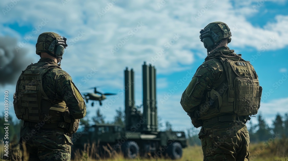 Fototapeta premium Air defense system with missile fire control post, soldiers defend against airborne threats like drones and missiles. 