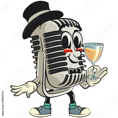 vintage microphone cartoon character mascot retro vector design wearing a hat and bow tie raising a wine glass, work of hand drawn