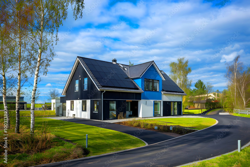 stunning new house with solar panels covering the roof. stunning new house with solar panels covering the roof.