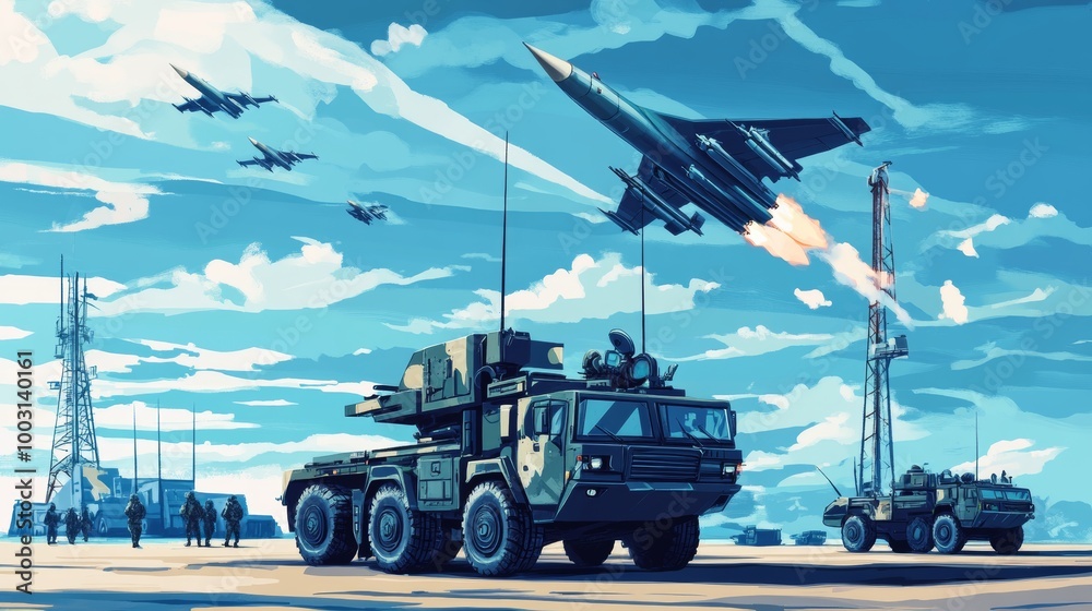 Obraz premium Air defense system with missile fire control post, soldiers defend against airborne threats like drones and missiles. 