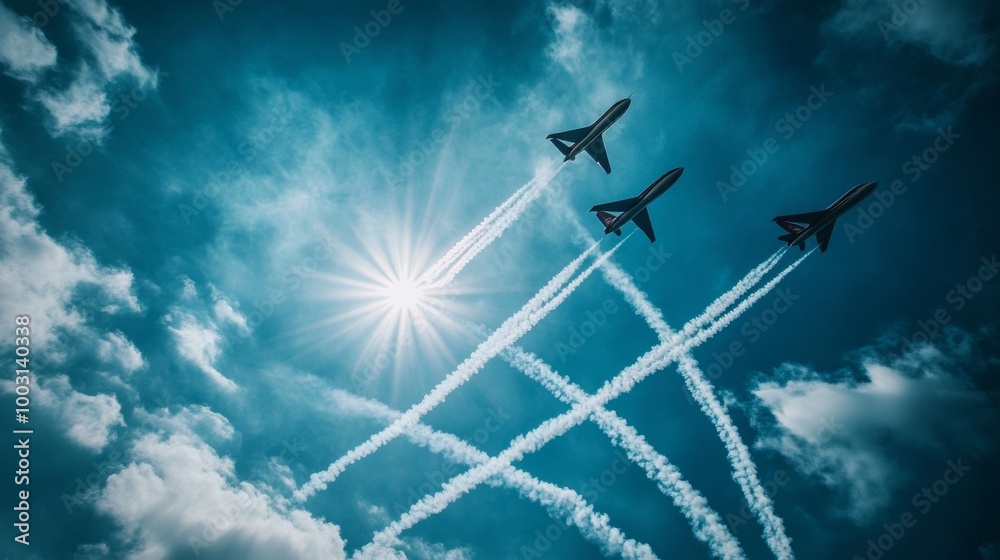 Naklejka premium Airshow planes create a star formation, leaving smoke trails across the sky. 