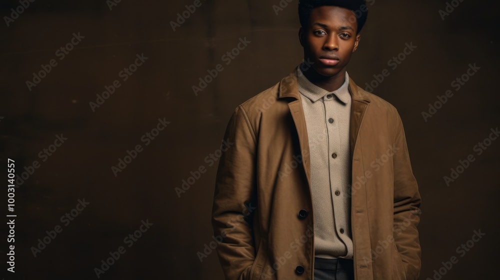 A poised young man in a stylish brown coat and beige shirt stands confidently against a dark background, exuding a sense of elegance and simplicity. A poised young man in a stylish brown coat and beige shirt stands confidently against a dark background, exuding a sense of elegance and simplicity.