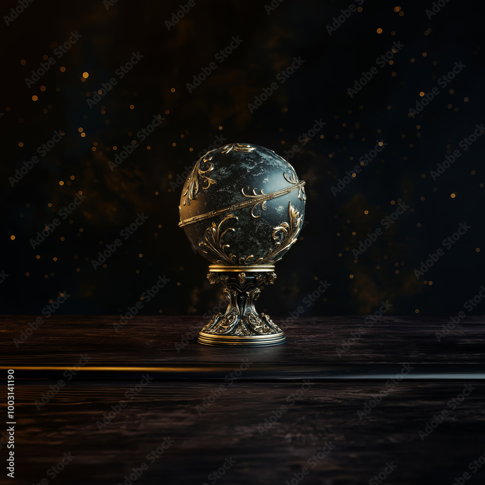 An elegant spherical globe with ornate flourishes on a carved pedestal, set against a dark atmospheric background.