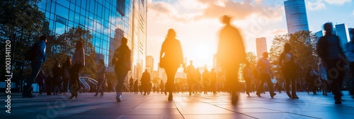 Silhouetted figures walk along a city street, set against the dramatic backdrop of a glowing sunset and skyscrapers. photo