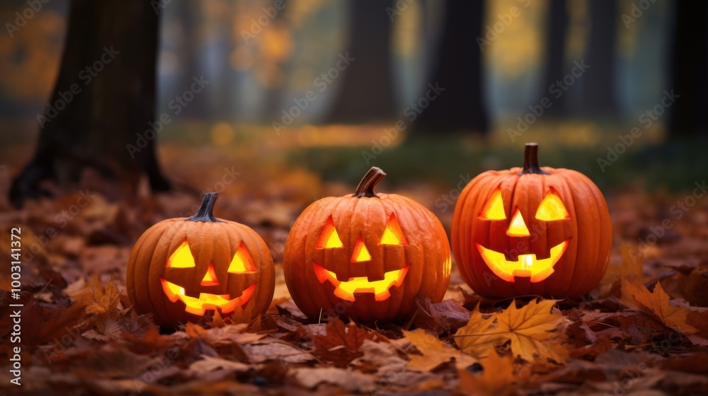 Three glowing jack-o'-lanterns sit on a blanket of fallen leaves in a forest, their carved faces casting an eerie yet fun glow in the dim autumn light. Three glowing jack-o'-lanterns sit on a blanket of fallen leaves in a forest, their carved faces casting an eerie yet fun glow in the dim autumn light.