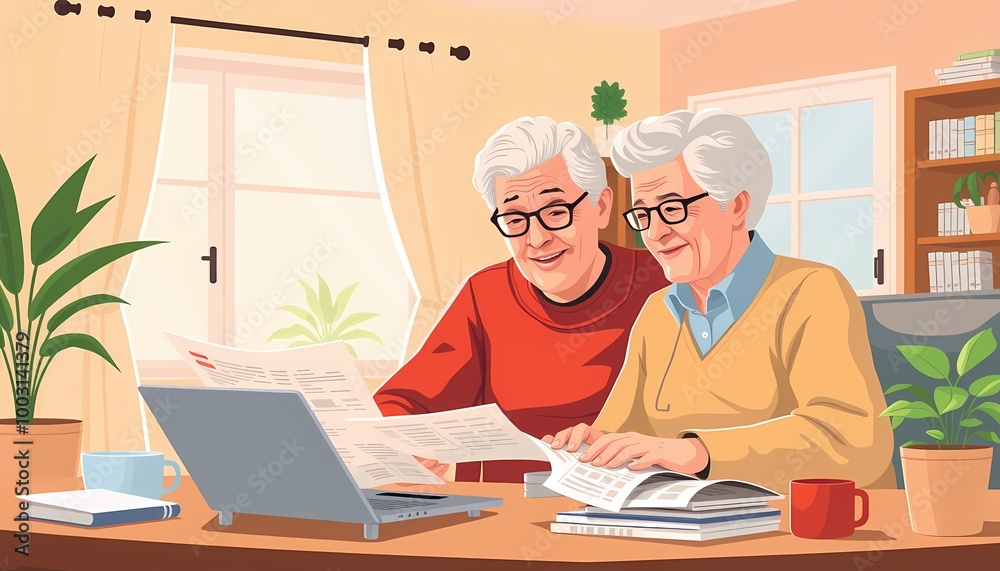 Senior Couple Managing Retirement Income and Taxes Using Laptop at Home Senior Couple Managing Retirement Income and Taxes Using Laptop at Home