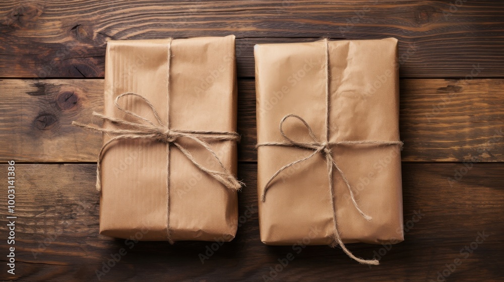 Two neatly wrapped gifts in brown paper and twine sit side by side on a rustic wooden surface. Two neatly wrapped gifts in brown paper and twine sit side by side on a rustic wooden surface.