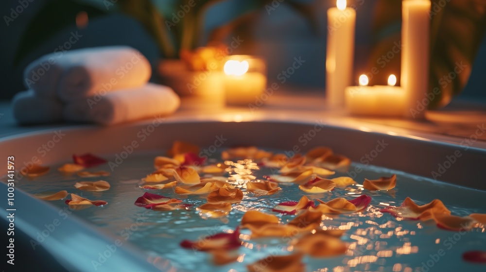 A bathtub filled with water and rose petals. Candles are placed along the sides. Spa salon, relaxation, bath procedures, self-care, mental health A bathtub filled with water and rose petals. Candles are placed along the sides. Spa salon, relaxation, bath procedures, self-care, mental health