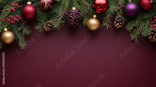 A garland of pine branches with a red background for Christmas ornaments