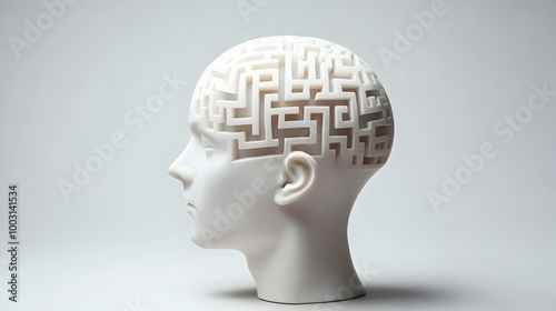 A head with a maze inside, symbolizing complex thoughts and confusion. Mind maze.


