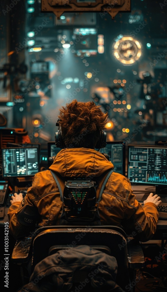 Person in an orange jacket working on multiple computer screens in a dimly lit urban environment Person in an orange jacket working on multiple computer screens in a dimly lit urban environment