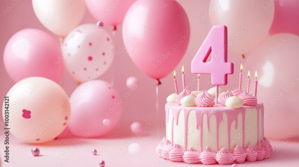 number 4 candle on a fourth year birthday cake celebration with balloons and party decoration as banner number 4 candle on a fourth year birthday cake celebration with balloons and party decoration as banner