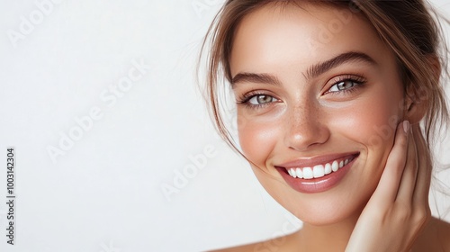 Gorgeous woman with clear, glowing skin, smiling gently while touching her cheek, expressing happiness with her skincare results on a bright, clean background.