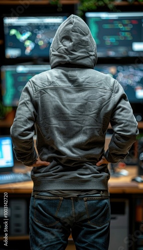 Individual in a hoodie analyzing data on multiple computer screens at a workspace during nighttime