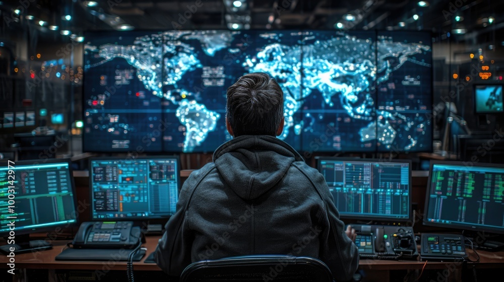 Person analyzing global data at a high tech command center during the night Person analyzing global data at a high tech command center during the night