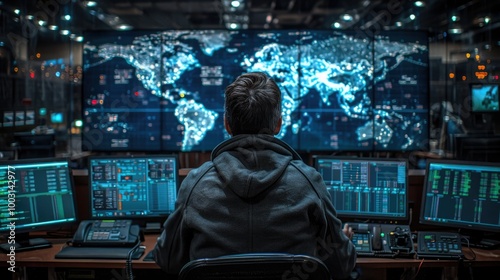 Person analyzing global data at a high tech command center during the night