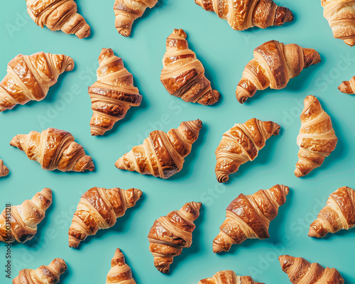 Pattern made of fresh croissants on a pastel green background.