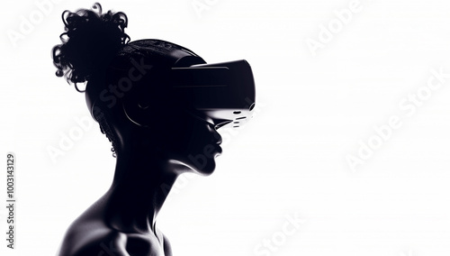 Youth Black woman wearing VR headset. Side view.