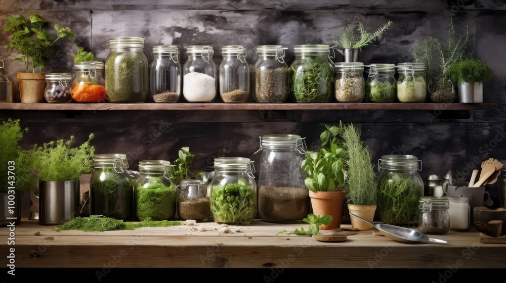 A rustic kitchen scene with numerous jars of herbs and spices neatly arranged on wooden shelves, evoking a sense of homeliness and tradition. A rustic kitchen scene with numerous jars of herbs and spices neatly arranged on wooden shelves, evoking a sense of homeliness and tradition.