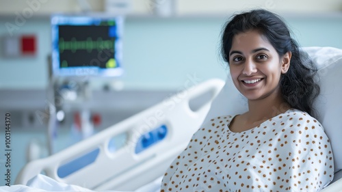Young Indian woman smiling while recovering in a hospital bed