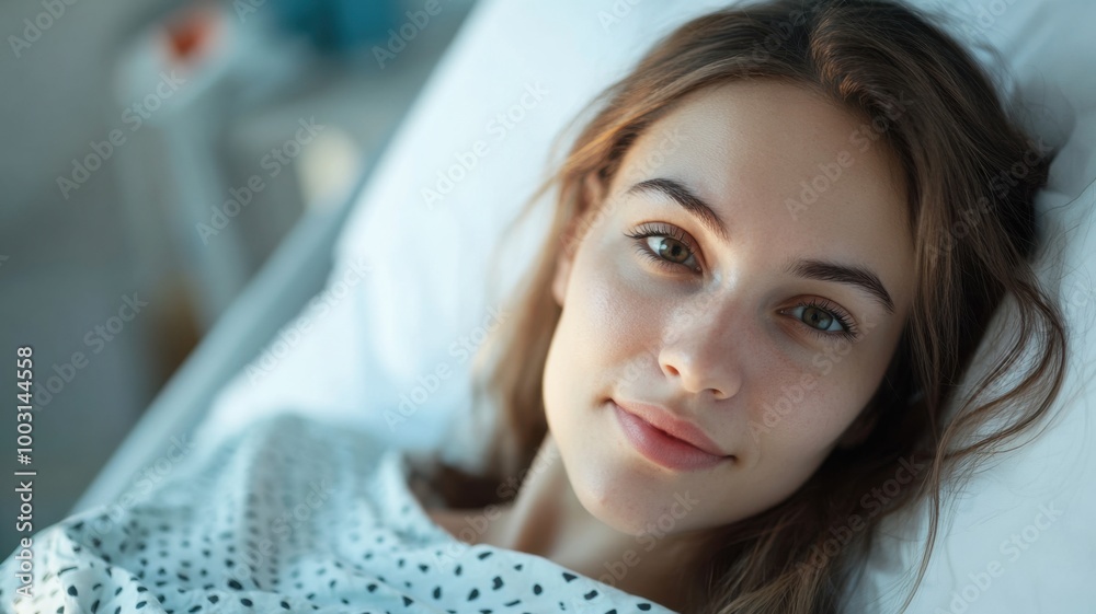 Young woman recovering in hospital bed with a calm expression Young woman recovering in hospital bed with a calm expression