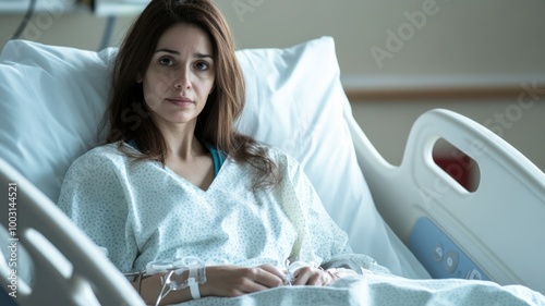 Woman in a hospital bed recovering with intravenous therapy