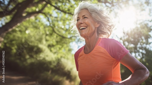 A senior woman joyously running outside, framed by lush greenery and golden sunlight, embracing an active and healthy lifestyle.