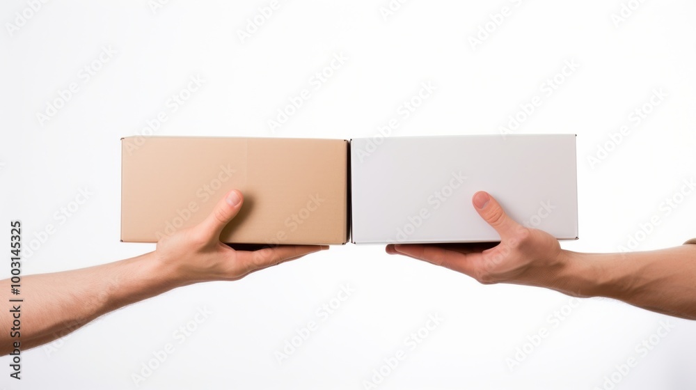 Two hands meeting to exchange boxes, one brown and one white, against a plain background. Two hands meeting to exchange boxes, one brown and one white, against a plain background.
