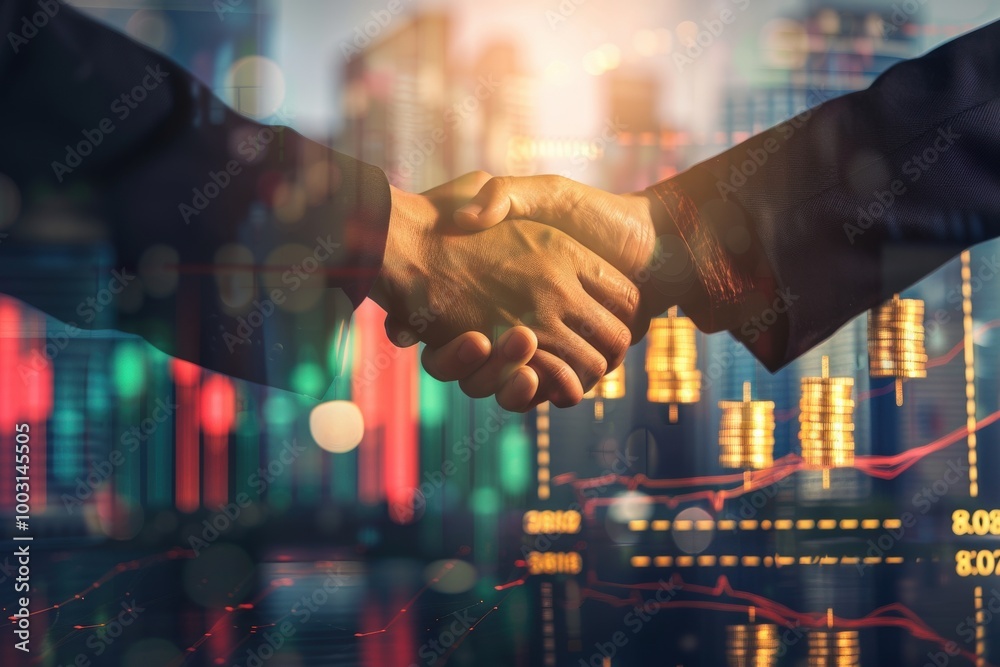 Business finance handshake partnership, investment agreement, financial deal, corporate contract, business acquisition, trading stocks and crypto, money technology asset background Business finance handshake partnership, investment agreement, financial deal, corporate contract, business acquisition, trading stocks and crypto, money technology asset background
