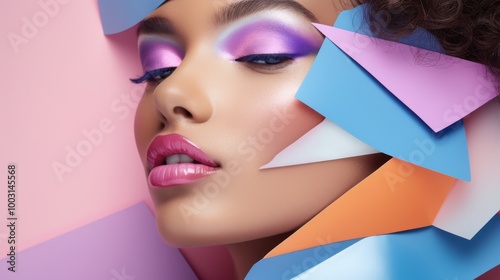 A close-up of a vibrant makeup look featuring bold pink and purple eyeshadow, glossy lips, and geometric paper shapes framing the model's face.