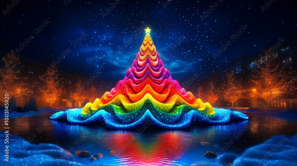 Vibrant illuminated Christmas tree with rainbow lights reflecting on a calm lake at night surrounded by a snowy landscape. Vibrant illuminated Christmas tree with rainbow lights reflecting on a calm lake at night surrounded by a snowy landscape.
