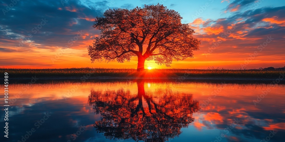 Obraz premium A solitary tree stands against a vibrant sunset backdrop, its silhouette vividly reflected in the calm water below.