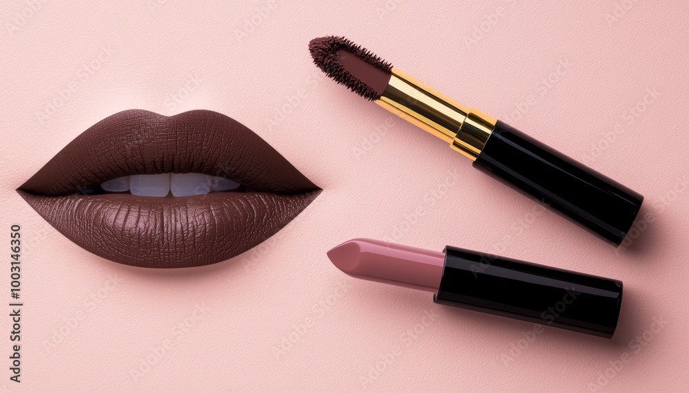 Obraz premium Close-up of vibrant lips with two shades of lipstick, showcasing a bold and elegant look on a soft pink background.
