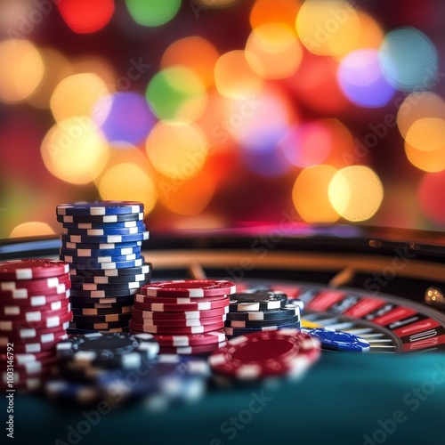 Casino theme image with roulette, chips and bokeh photo