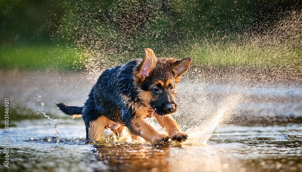 German Shepherd puppy having fun on the sea near the water, in the water German Shepherd puppy having fun on the sea near the water, in the water