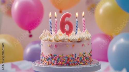 number 6 candle on a sixth year birthday cake celebration with balloons and party decoration as banner 