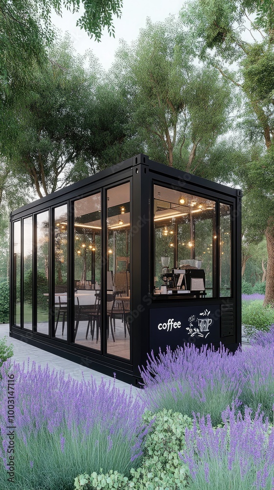 A cozy coffee shop built from a black shipping container features large windows, a wooden deck, and blooming purple flowers, all nestled amidst green trees and soft cinematic lighting A cozy coffee shop built from a black shipping container features large windows, a wooden deck, and blooming purple flowers, all nestled amidst green trees and soft cinematic lighting