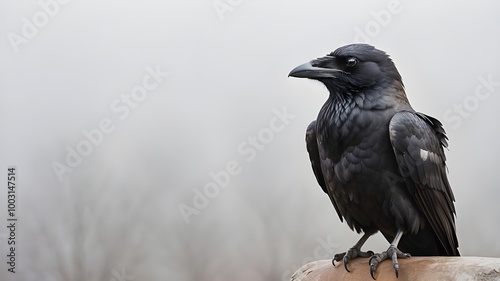 abstract picture of a raven perched on a pale background with gray and white fog 