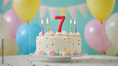 number 7 candle on a seventh year birthday cake celebration with balloons and party decoration as banner  photo