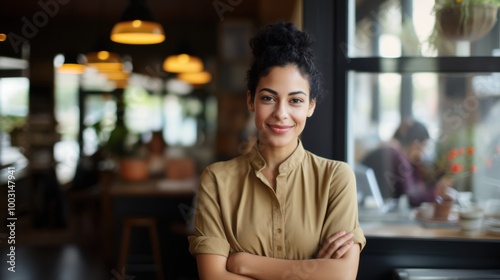 A smiling woman with curly hair and a tan shirt stands confidently in a cozy, warmly-lit café with her arms crossed. photo